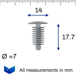 25x Grey Car Panel Trim Clips- 6-7mm hole- 14mm Head