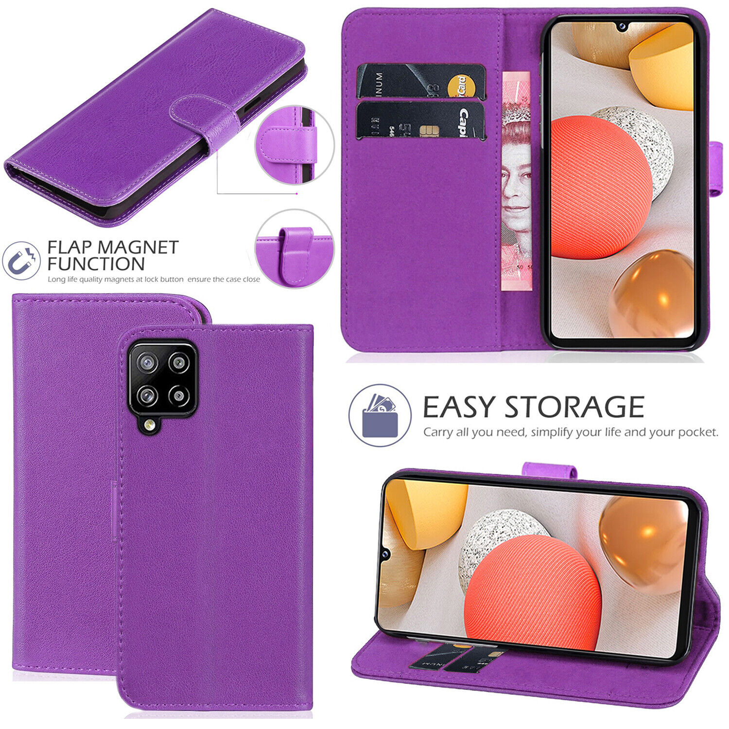 Wallet Case Leather Flip Phone Cover Samsung Galaxy A51 5G Purple