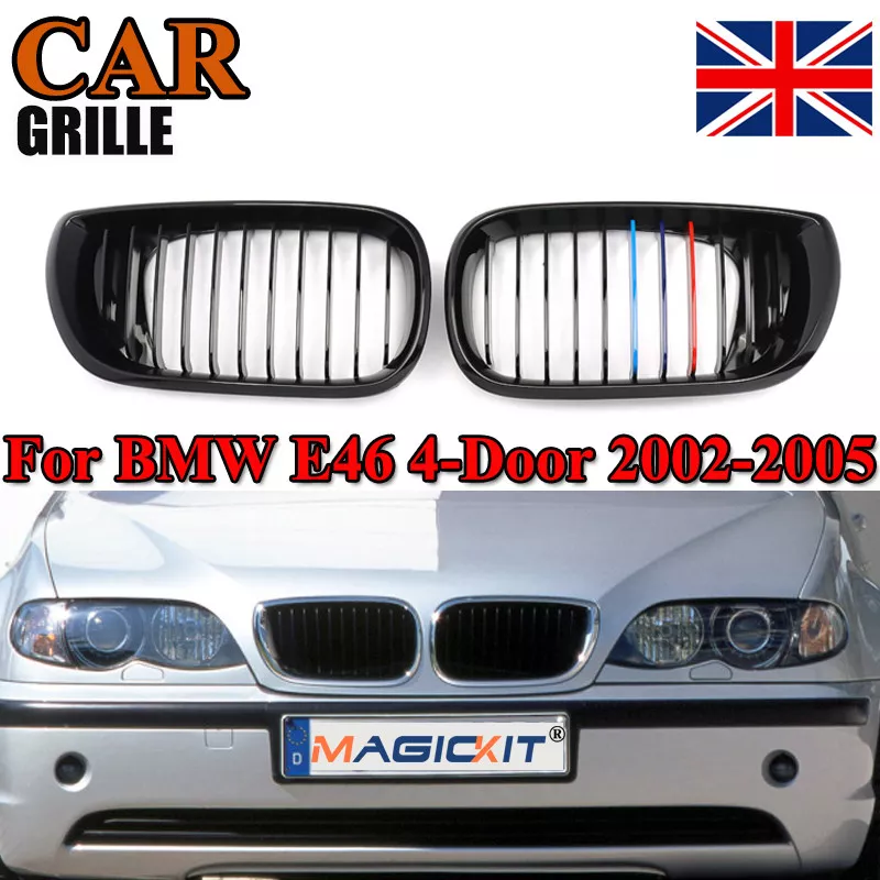 Pair Gloss Black M Color Kidney Front Grilles for BMW E46 3 Series 4Dr 2002-2005
