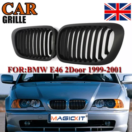 Pair Matte Black Kidney Grille for BMW 3 Series E46 Coupe 1998-2001 Pre-facelift