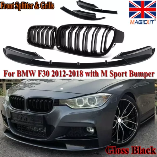 Sport Black Gloss Front Spoiler Splitter + Kidney Grills For BMW F30 F31 M-Sport