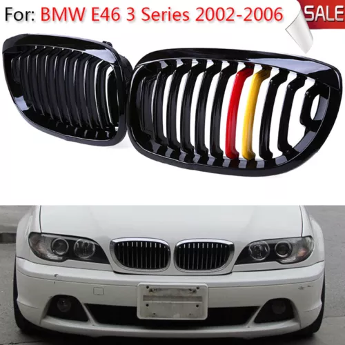 Pair Gloss Black M Color Kidney Sport Grille Grill for BMW E46 Coupe 02-05 LCI