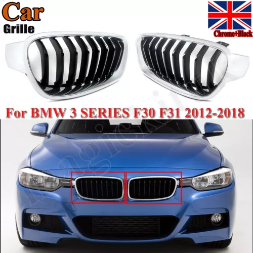 PAIR FOR BMW F30 F31 3 SERIES 2012-2018 FRONT KIDNEY GRILLS GRILLE CHROME+BLACK