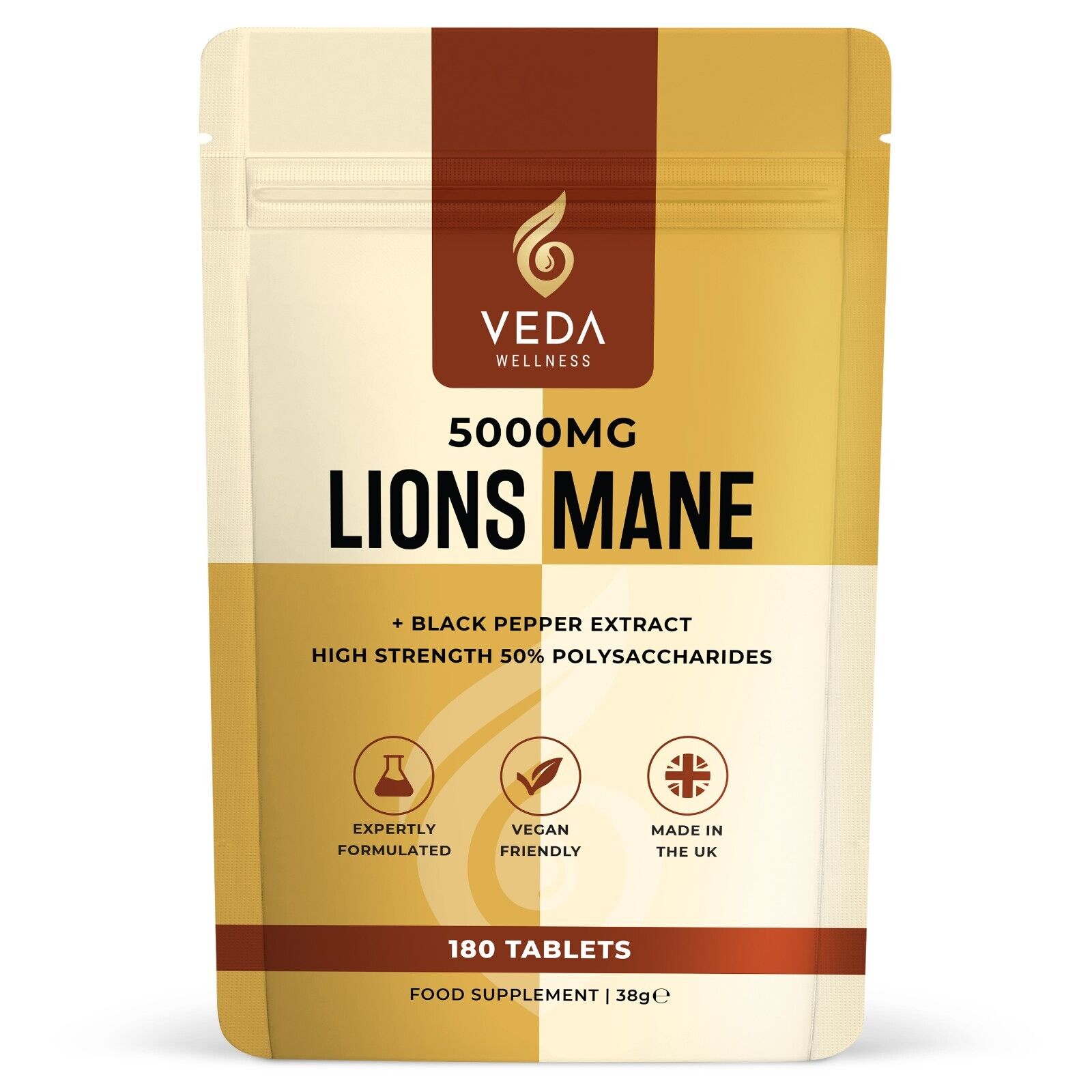 Lions Mane Extract 5000mg - 180 Vegan Tablets + Black Pepper, Non-GMO, UK Made