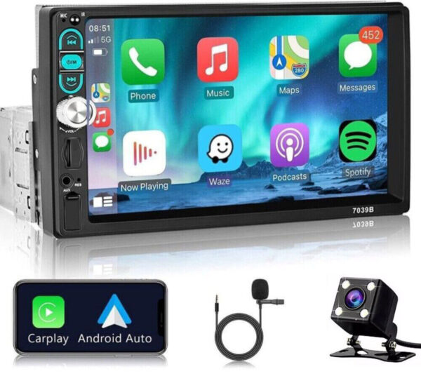 Single 1Din 7" Touch Screen Car Stereo Apple/Android Carplay Radio Bluetooth+Cam