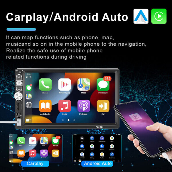 Single 1Din 7" Touch Screen Car Stereo Apple/Android Carplay Radio Bluetooth+Cam - Image 3