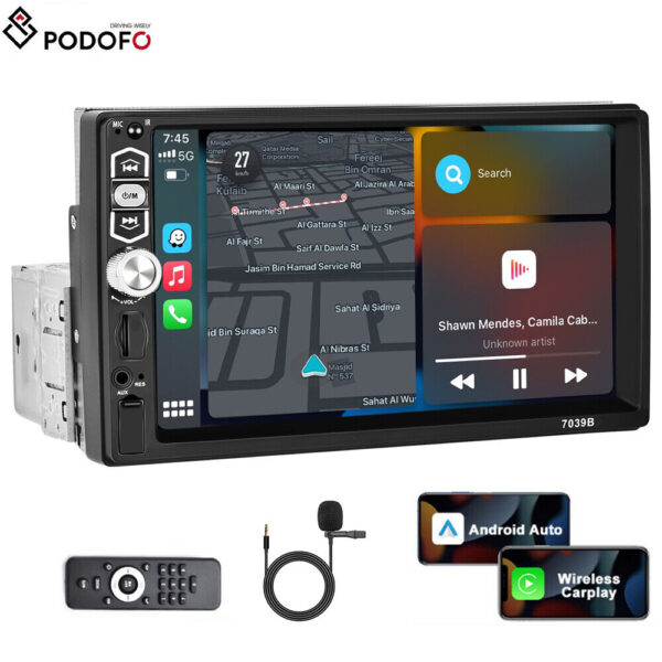 7" Single 1Din Car Stereo Radio Apple/Android Carplay Bluetooth Touch Screen Mic