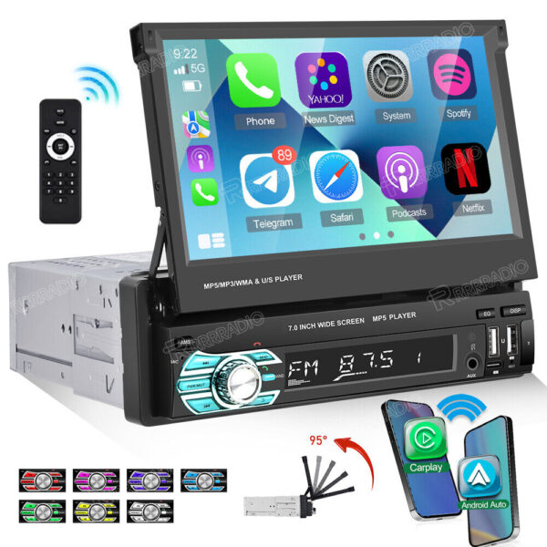 7" Flip Out 1 Din Wireless Carplay Android Auto Car Radio Stereo BT Touch Screen