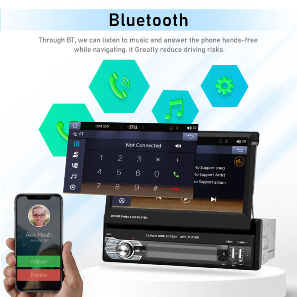 7" Flip Out 1 Din Wireless Carplay Android Auto Car Radio Stereo BT Touch Screen - Image 5