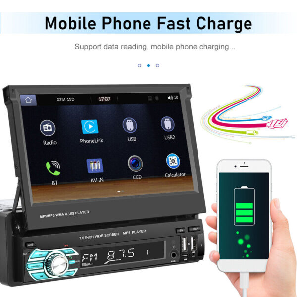 7" Flip Out 1 Din Wireless Carplay Android Auto Car Radio Stereo BT Touch Screen - Image 9