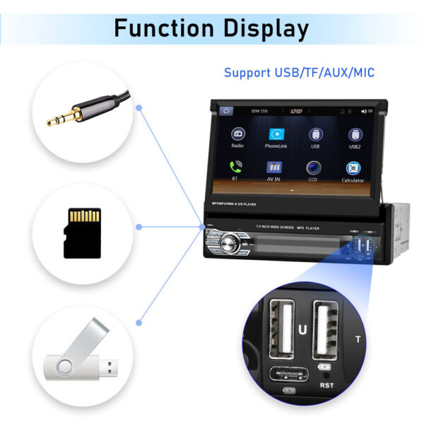 7" Flip Out 1 Din Wireless Carplay Android Auto Car Radio Stereo BT Touch Screen - Image 10