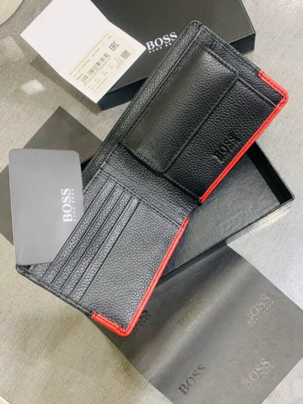 NEW HUGO BOSS MEN MADIAL BIFOLD BLACK AND RED LEATHER WALLET WITH COIN POCKET