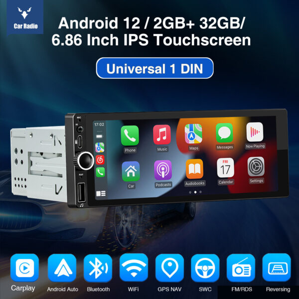 6.86" Single Din Car Stereo IPS Radio Android 12 GPS FM Apple Carplay Head Unit - Image 2
