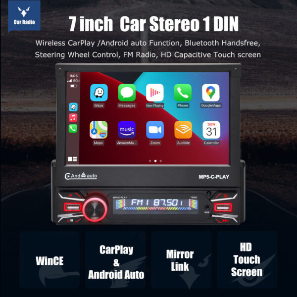 Single DIN 7" Apple CarPlay Android Auto Car Stereo Radio Flip Out HD Screen BT - Image 2