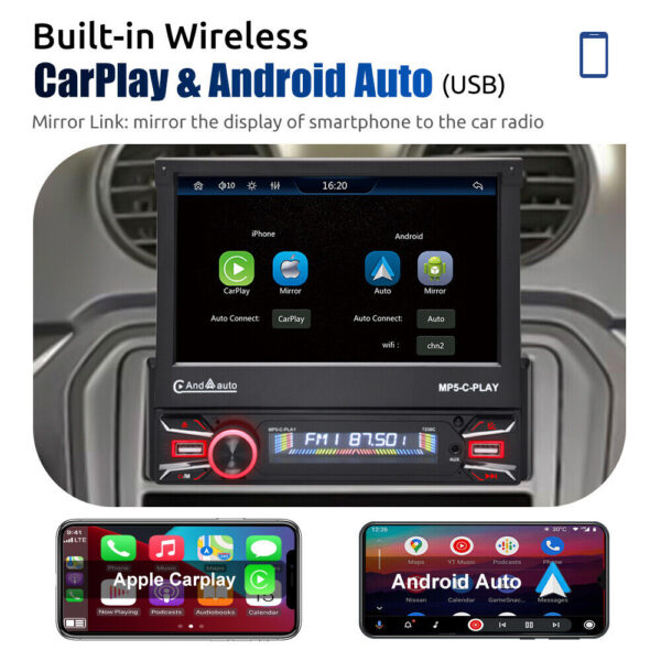 Single DIN 7" Apple CarPlay Android Auto Car Stereo Radio Flip Out HD Screen BT - Image 4
