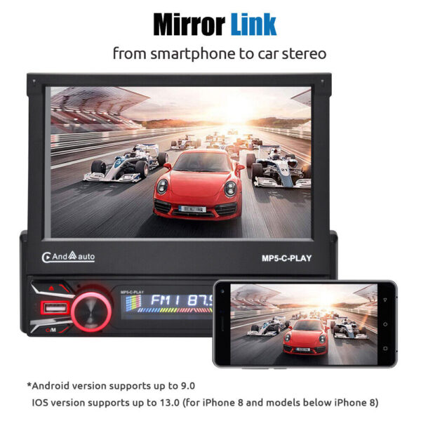 Single DIN 7" Apple CarPlay Android Auto Car Stereo Radio Flip Out HD Screen BT - Image 7