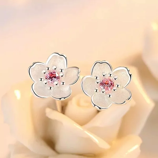 925 Sterling Silver  Pink Sakura Stud Earrings Womens Girls Jewellery Love Gift - Image 2