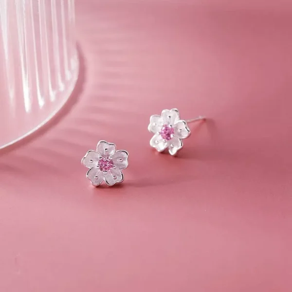 925 Sterling Silver  Pink Sakura Stud Earrings Womens Girls Jewellery Love Gift - Image 3