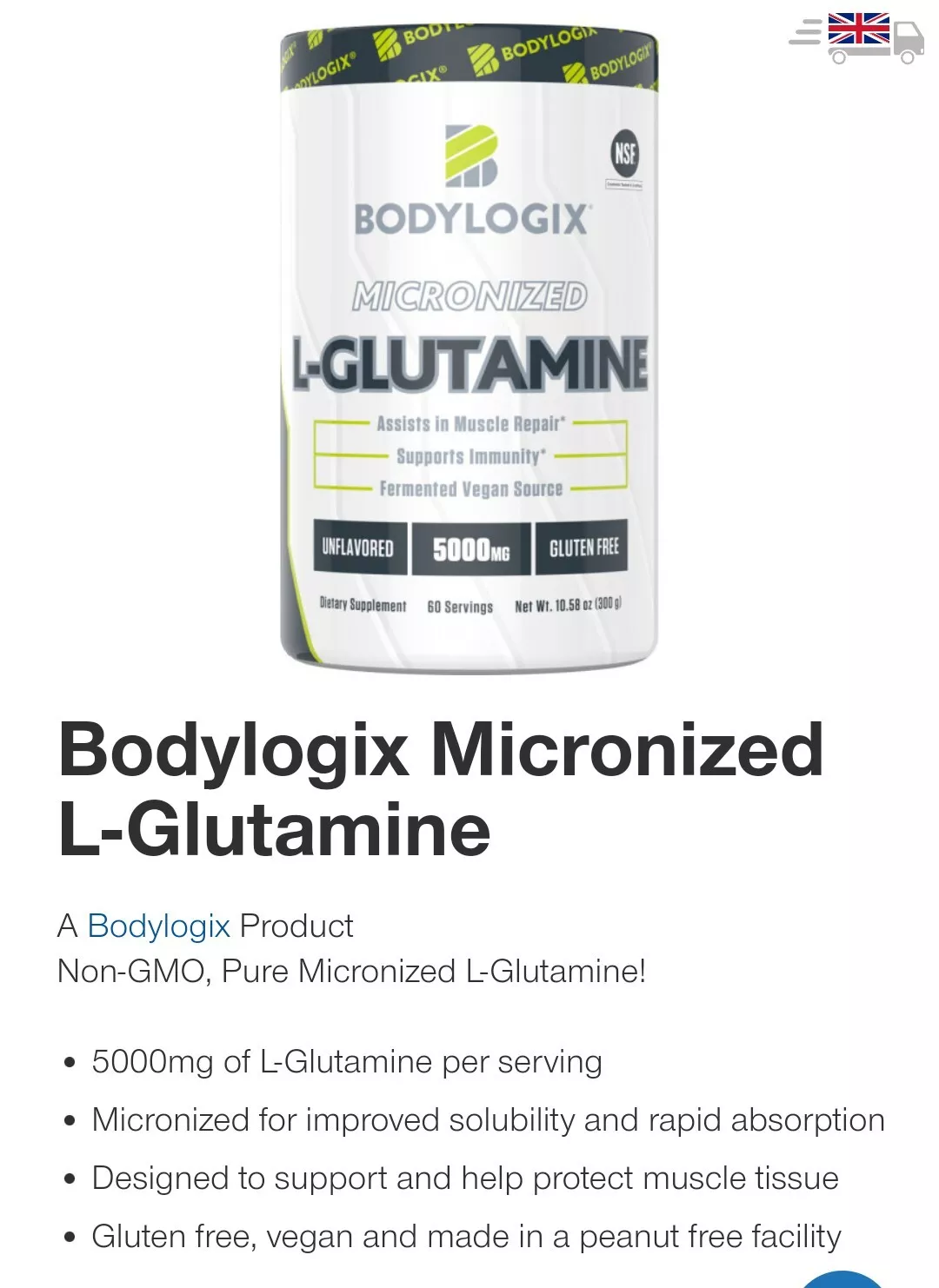 Bodylogix Micronized L-Glutamine Powder, NSF Certified, Unflavored, 300g