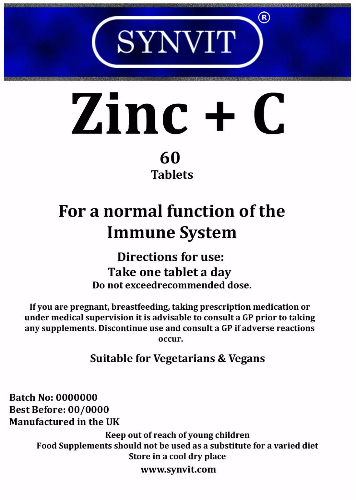 Zinc plus Vitamin C 60 tabs contributes to normal function of immune system