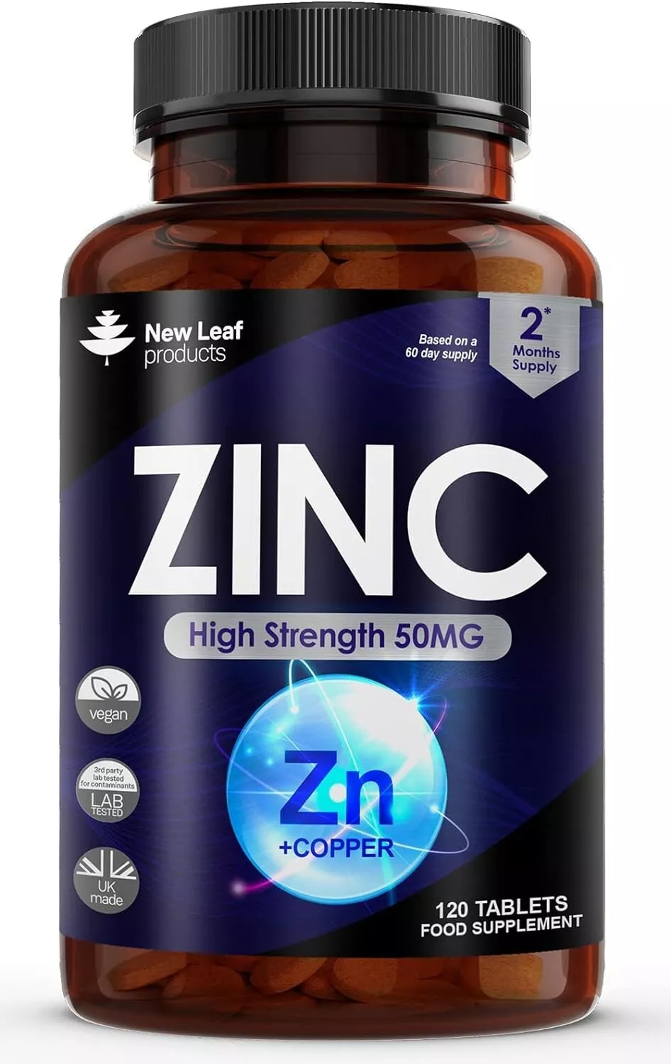 Zinc Tablets 50mg x 120 High Strength Zinc with Copper, Pure Zinc Supplements
