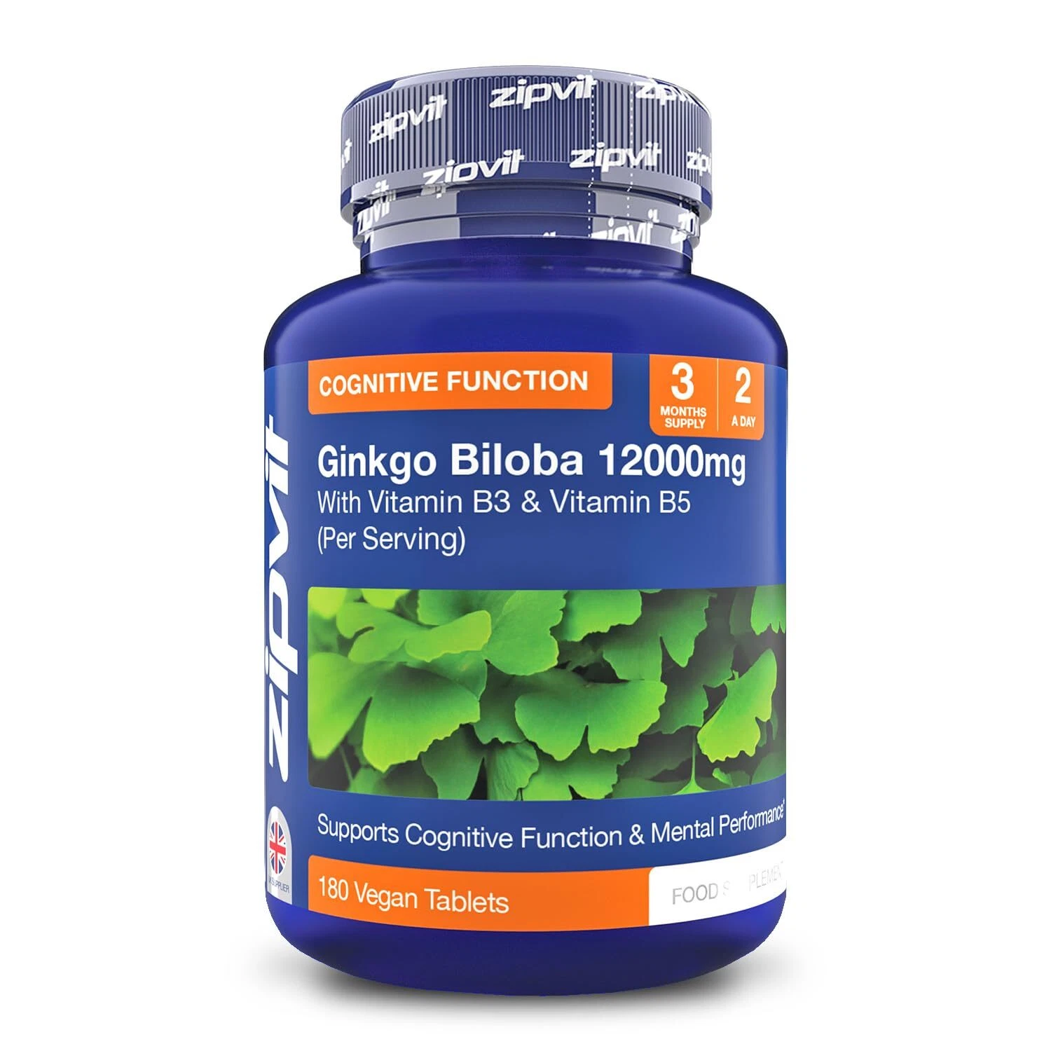Zipvit High Strength Ginkgo Biloba 12000mg with Vitamins B3 & B5, 180 Vegan