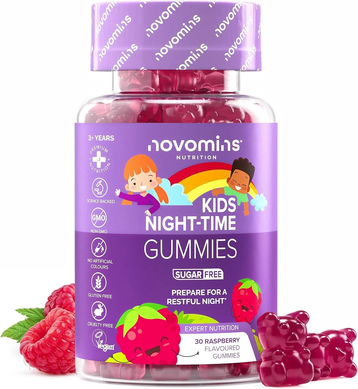 🌙 Kids Night-Time Gummies – 30 Raspberry-Flavoured Gummies | Ages 3+ | Vegan