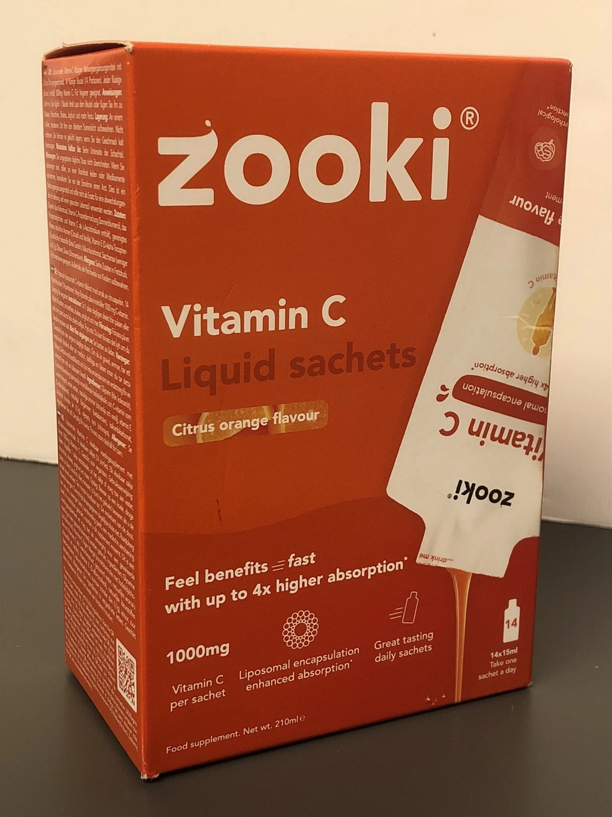 Zooki Vitamin C Supplement 1000mg 15ml 14 Sachets Citrus Orange Flavour.