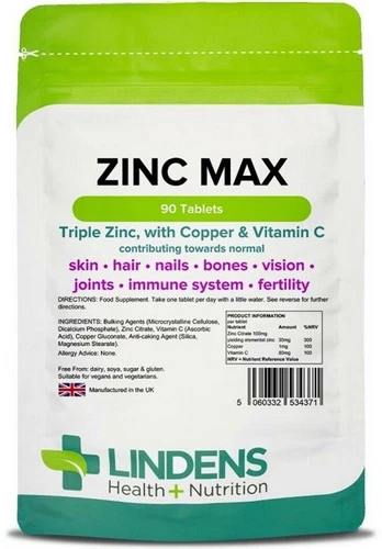 Zinc Max Triple Strength (With Copper & Vitamin C) x 90 Tablets; Lindens